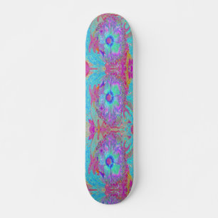 Psychedelisches Retro-Regenbogen Blau Hibiskus Skateboard
