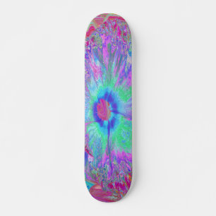 Psychedelisches Retro-Regenbogen Blau Hibiskus Skateboard