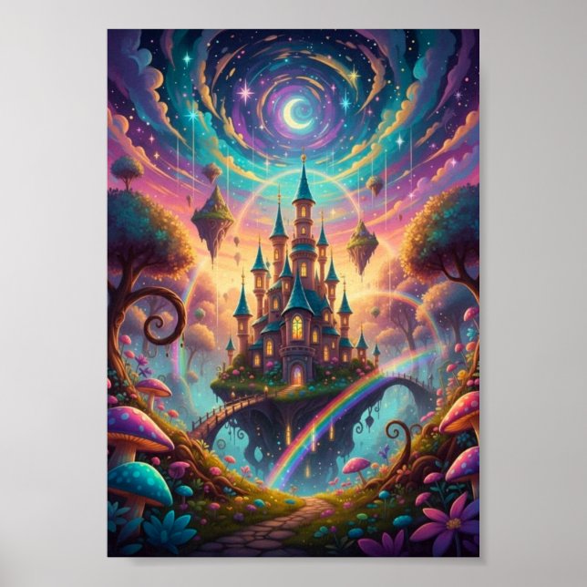 Psychedelisches schwebendes Schloss Kosmischer Fan Poster (Vorne)