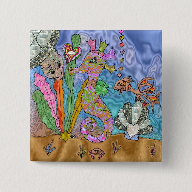 Psychedelisches-Seepferdchen-Wasserschildkröten-Ku Button (Vorderseite)