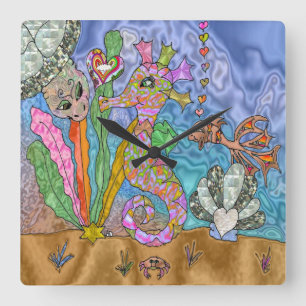 Psychedelisches-Seepferdchen-Wasserschildkröten-Ku Quadratische Wanduhr