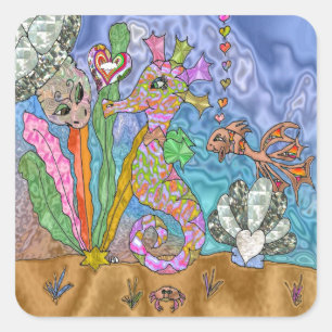 Psychedelisches-Seepferdchen-Wasserschildkröten-Ku Quadratischer Aufkleber