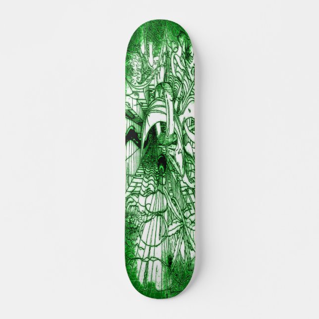 Psychedelisches Trippy Black und grünes Leaf Zeich Skateboard (Vorne)