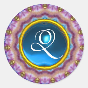 PSYCHEDELSCHE KREISE MONOGRAMM blau türkis rosa Runder Aufkleber