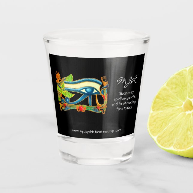 Psychischer Leser mit dem Logo "Mystic Eye of Horu Schnapsglas (Vorderseite)