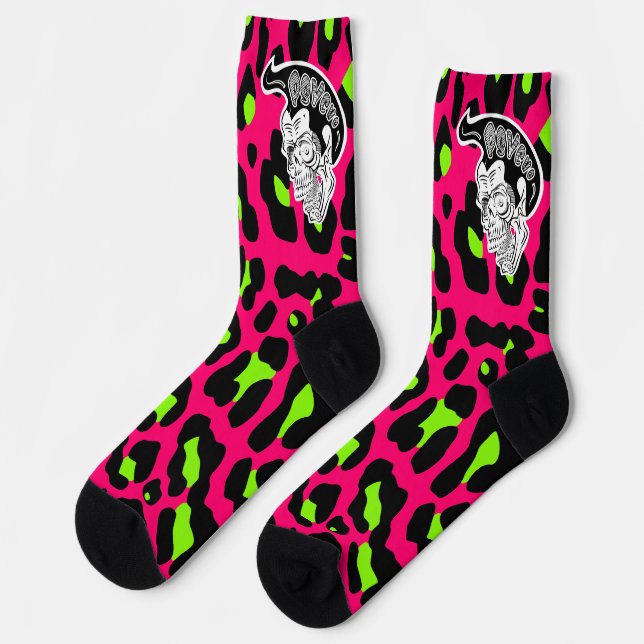Psycho Skull Hot Pink Leopard Print Socken (Linkes Detail)