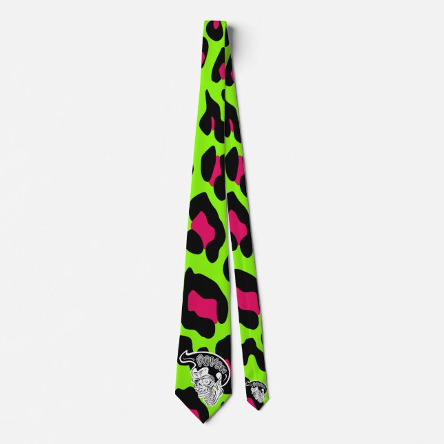 Psycho Skull Lime Green Leopard Krawatte (Vorderseite)
