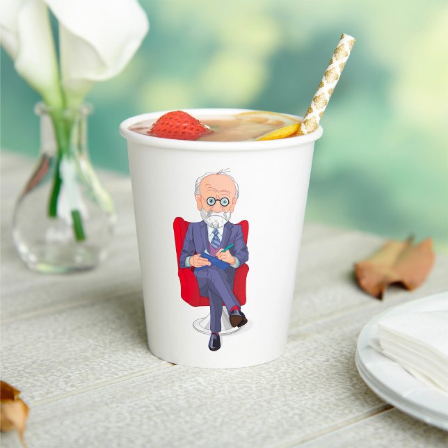 Psychologe im Anzug mit Notepad Sitzen Pappbecher (Von Creator hochgeladen)