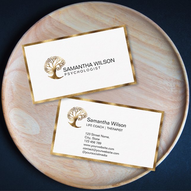 Psychologin für das Gehirn Psychiater Visitenkarte (gold brain tree logo)