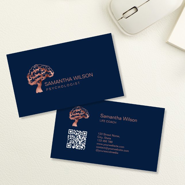 Psychologin Psychiater Psychiater QR Code Visitenkarte (ROSE GOLD BRAIN TREE LOGO)