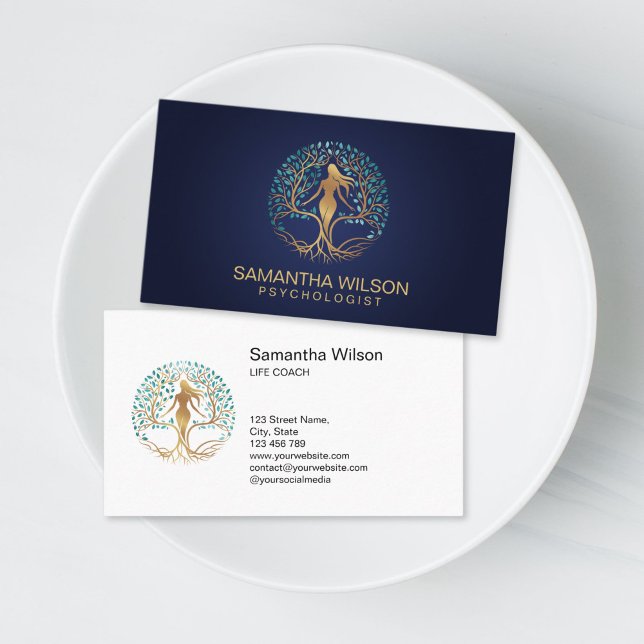 Psychologist Therapist Life Coach Tree of Life Visitenkarte (woman silhouette in the tree of life, life coach and personal growth business cards)