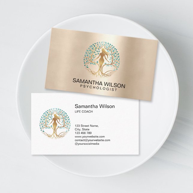 Psychologist Therapist Life Coach Tree of Life Visitenkarte (woman silhouette in the tree of life, life coach and personal growth business cards)