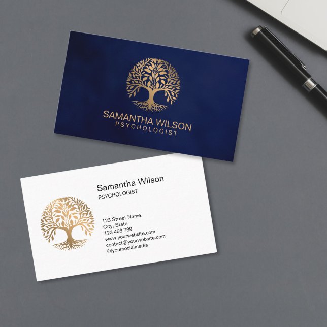 Psychologist Therapy Counselor Psychiatrist Brain  Visitenkarte (brain incorporated in the circle tree shape, gold therapist logo design)