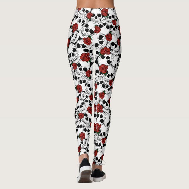 Psychomische Schädel und Rote Rosen Gemustert Leggings (Rückseite)