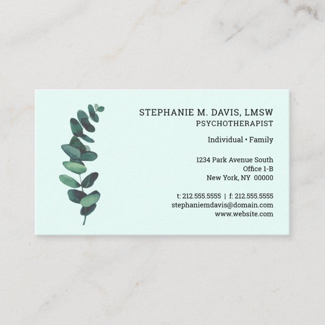 Psychotherapeut Eucalyptus Green Business Card Visitenkarte (Vorderseite)