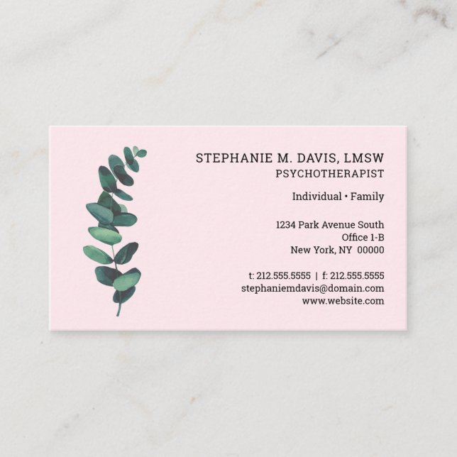 Psychotherapeut Eucalyptus Pink Business Card Visitenkarte (Vorderseite)