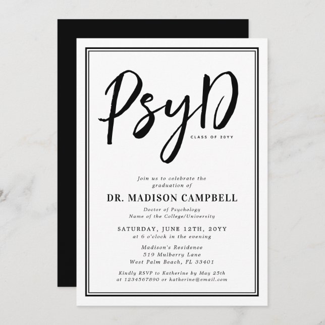 PsyD Doktor der Psychologie-Absolventin Einladung (Vorne/Hinten)