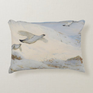 Ptarmigan stürzt im Winter ab und fliegt über den  Dekokissen