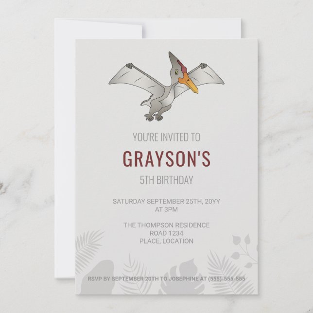 Pteranodon Dinosaur Minimalistisch Grau Geburtstag Einladung (Vorderseite)