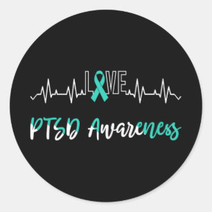 Ptsd Awareness Liebe Heartbeat Aquamarin Ribbon Runder Aufkleber