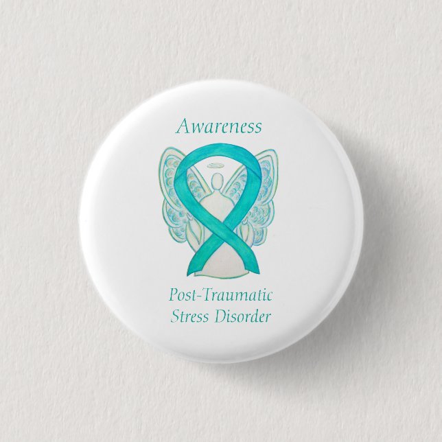 PTSD Awareness Ribbon Aquamarin Angel Custom Art B Button (Vorderseite)