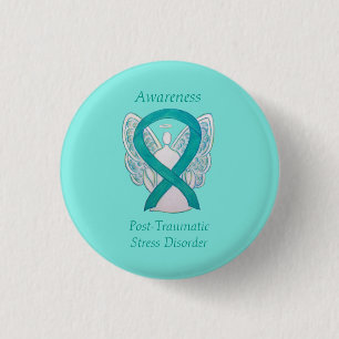 PTSD Awareness Ribbon Aquamarin Angel Custom Art B Button