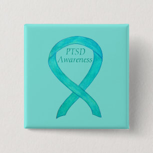 PTSD Awareness Ribbon Aquamarine Kunst Buttone Button