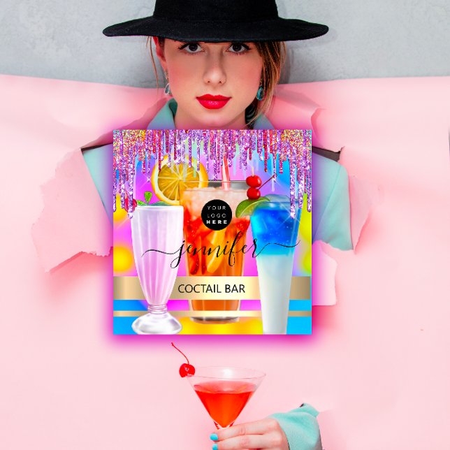 Pub Drink Bar Restaurant Logo Holografisches Ereig Quadratische Visitenkarte (Pub Drink Bar Restaurant Logo Holographic Event Square Business Card)