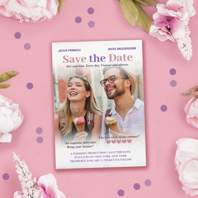 Puce & Lavender Romcom Poster Foto Save the Date (Von Creator hochgeladen)