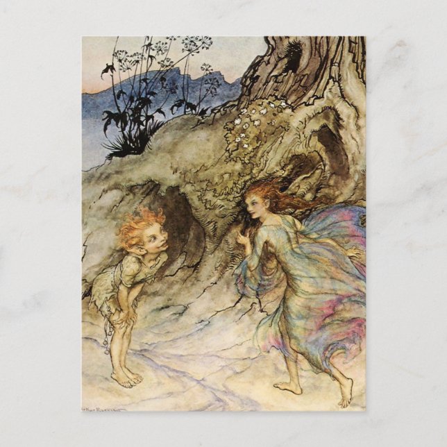 "Puck and a Fairy" Wasserfarbe von Arthur Rackham Postkarte (Vorderseite)