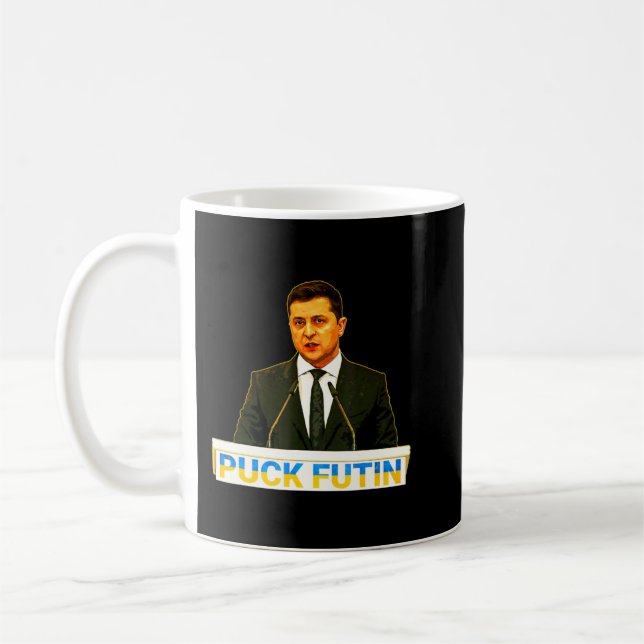 Puck Futin ich Stand mit der Ukraine Flag Volodymy Kaffeetasse (Links)
