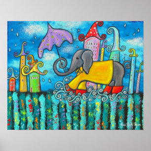 Puddle Jumping Elephant Art Poster