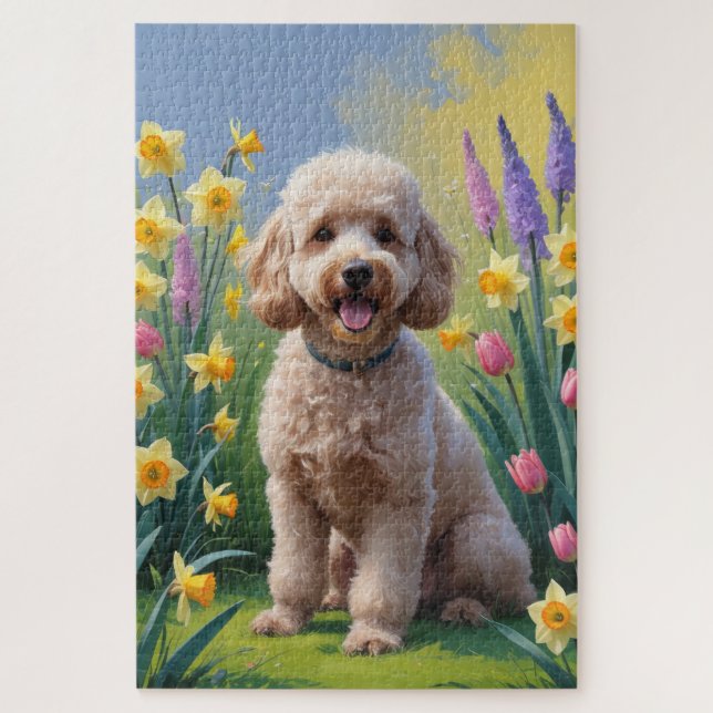 Pudel-Hund-Frühlingsblumen-Gemälde Puzzle (Vertikal)