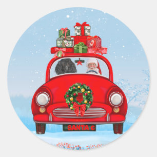 Pudel Hund im Auto mit dem Weihnachtsmann Runder Aufkleber