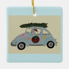Pudel im Hippie-Auto zu Weihnachten Keramikornament