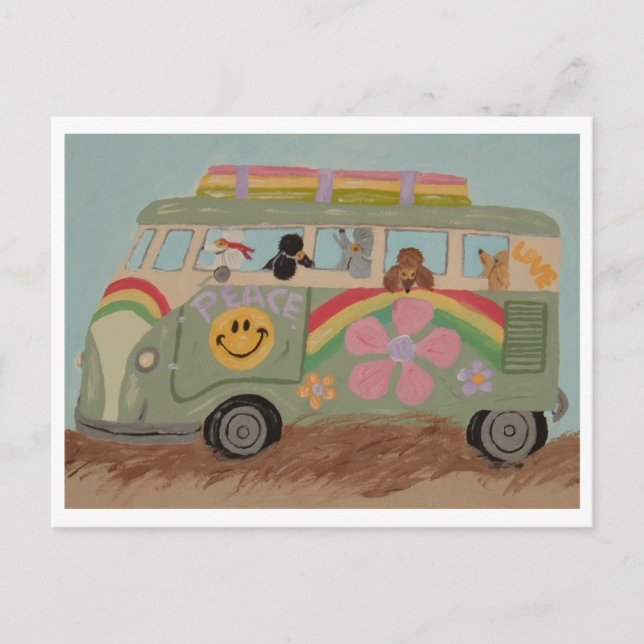 Pudel im Hippie-Van Feiertagspostkarte (Vorderseite)