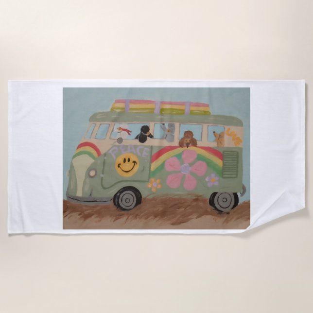 Pudel im Hippie-Van Strandtuch (Vorderseite)