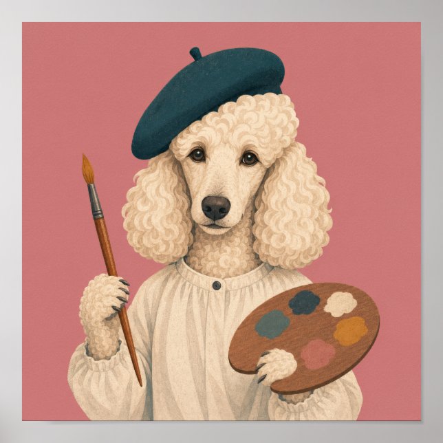 Pudel-Maler mit Barett, Pinsel und Palette Poster (Vorne)