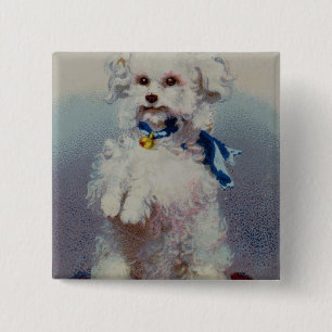 Pudel mit blauem Band Button