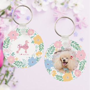 Pudel Pastell Rosa Silhouette mit Blumenkranz Schlüsselanhänger