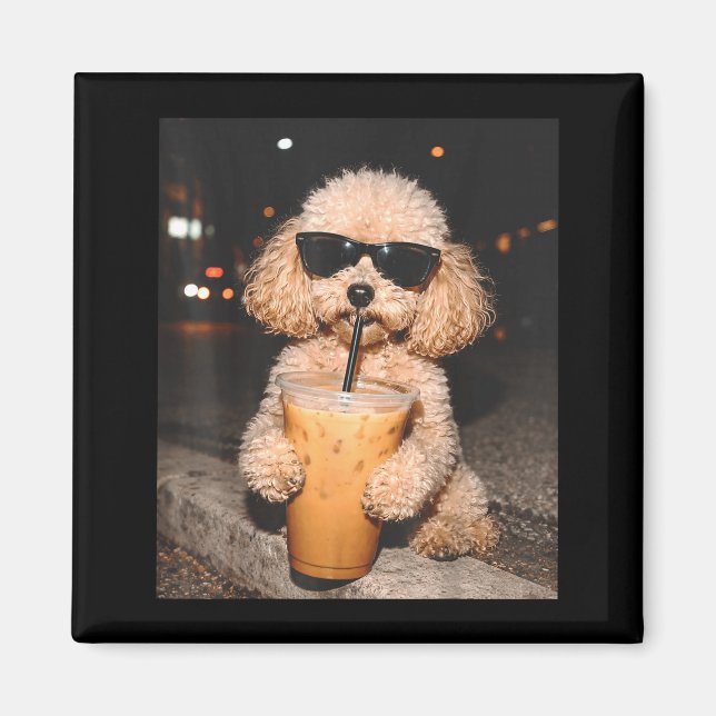 Pudel trinkt Eiskaffee lustiger Hund Meme  Magnet (Vorne)