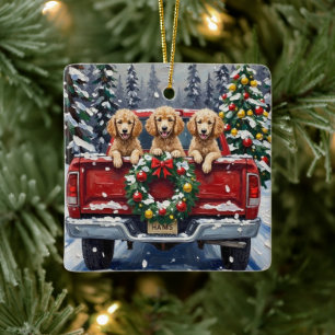 Pudel-Weihnachten-Roter-LKW-Urlaub Keramikornament