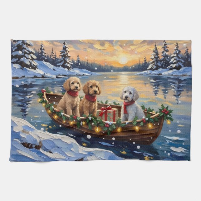 Pudel-Weihnachtsboot-Feiertag Geschirrtuch (Horizontal)