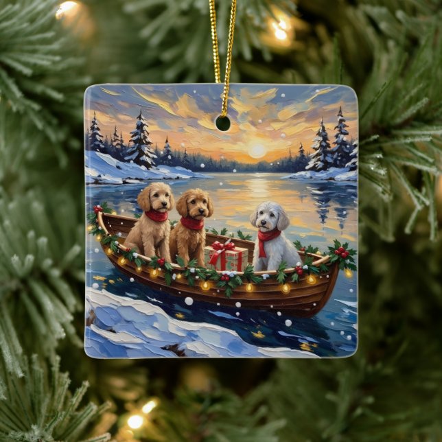 Pudel-Weihnachtsboot-Feiertag Keramikornament (Baum)