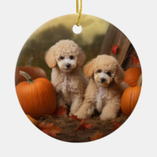 Pudel Welpe Herbstfreude Kürbis Keramik Ornament