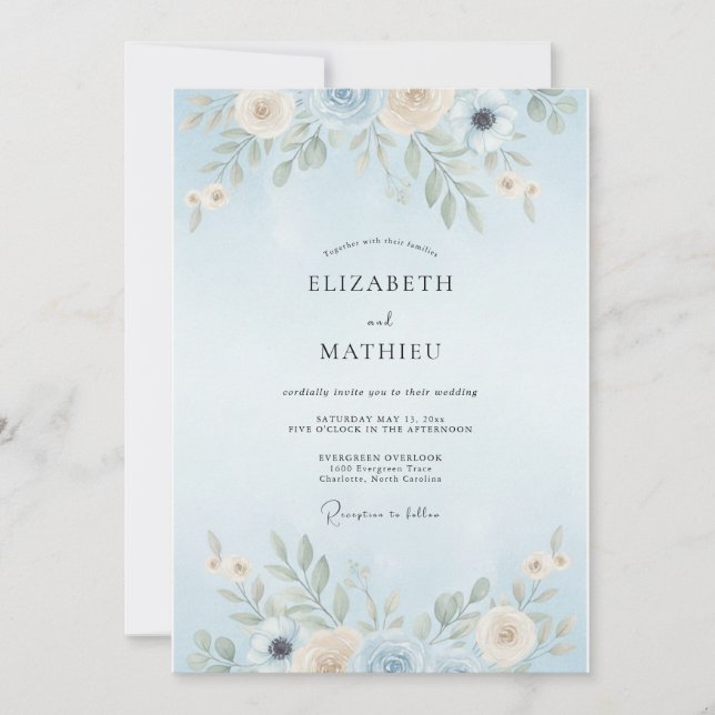 Puderblaue Blatt-Hochzeit Einladung (Vorderseite)