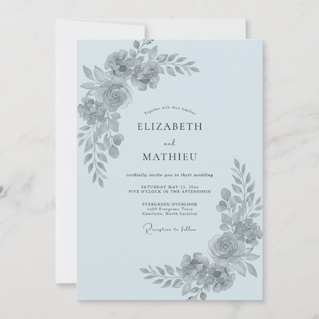 Puderblaue Blätterhochzeit Einladung (Vorderseite)