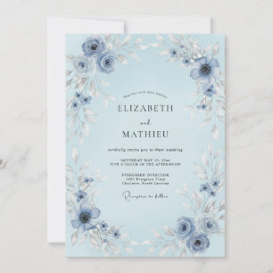 Puderblaue Botanische Aquarell-Hochzeit Einladung