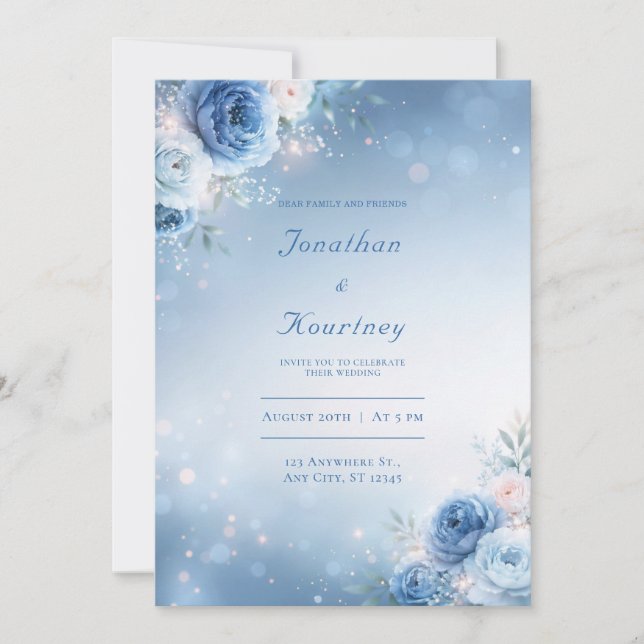 Puderblaue funkelnde Blumenrand-Hochzeit Einladung (Vorderseite)