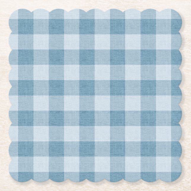Puderblaue Gingham-Buffalo-Karo-Linoleum-Textur Untersetzer (Vorderseite)